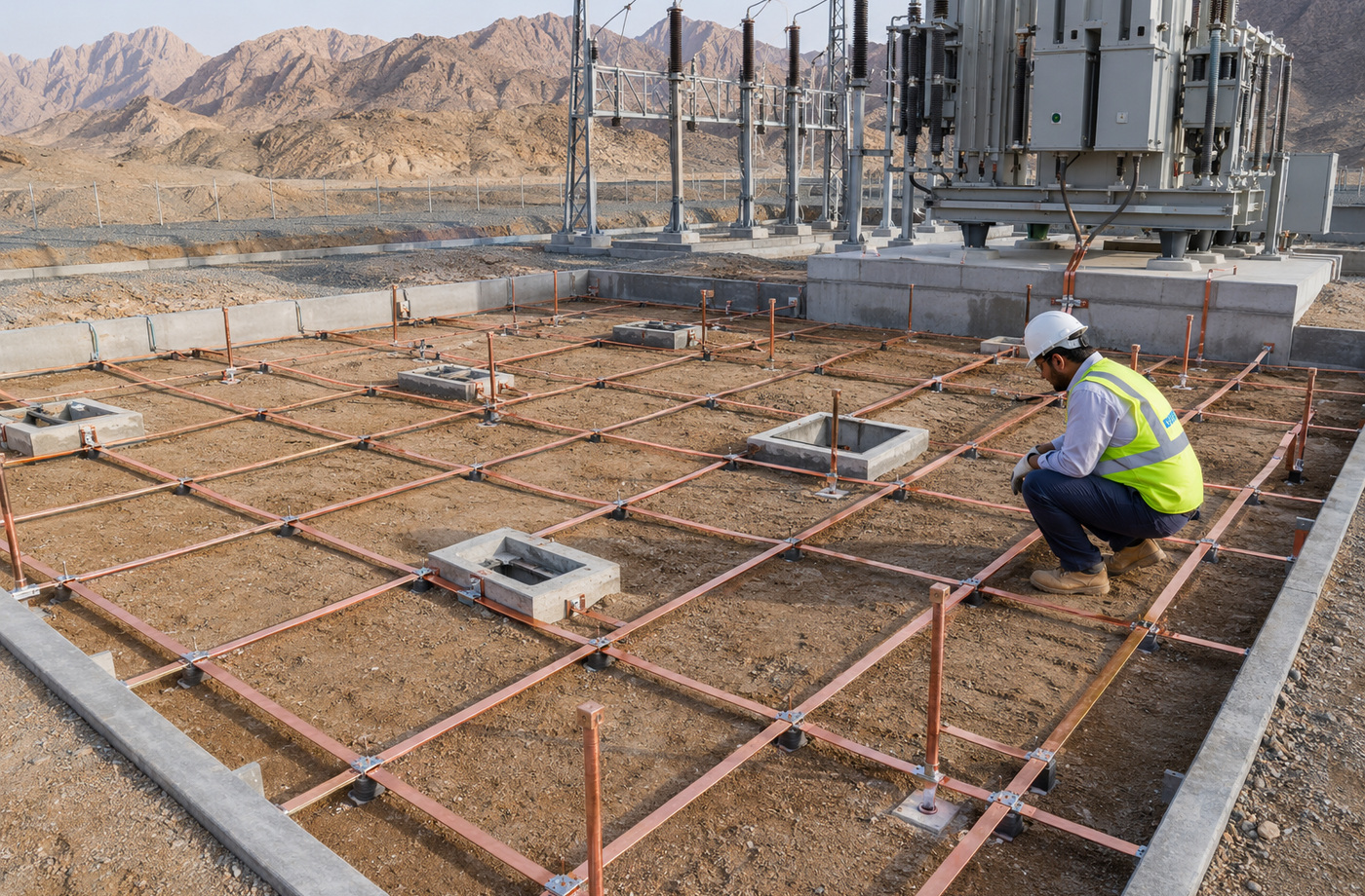 Copper earth grid installation at an electrical substation in Oman